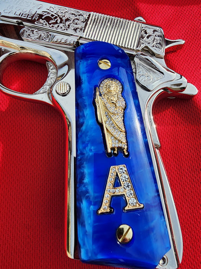 1911 Grips Royal Swirl Blue Pearlite with 24k Gold Plated San Judas and A letter (Gold Plated Screws)