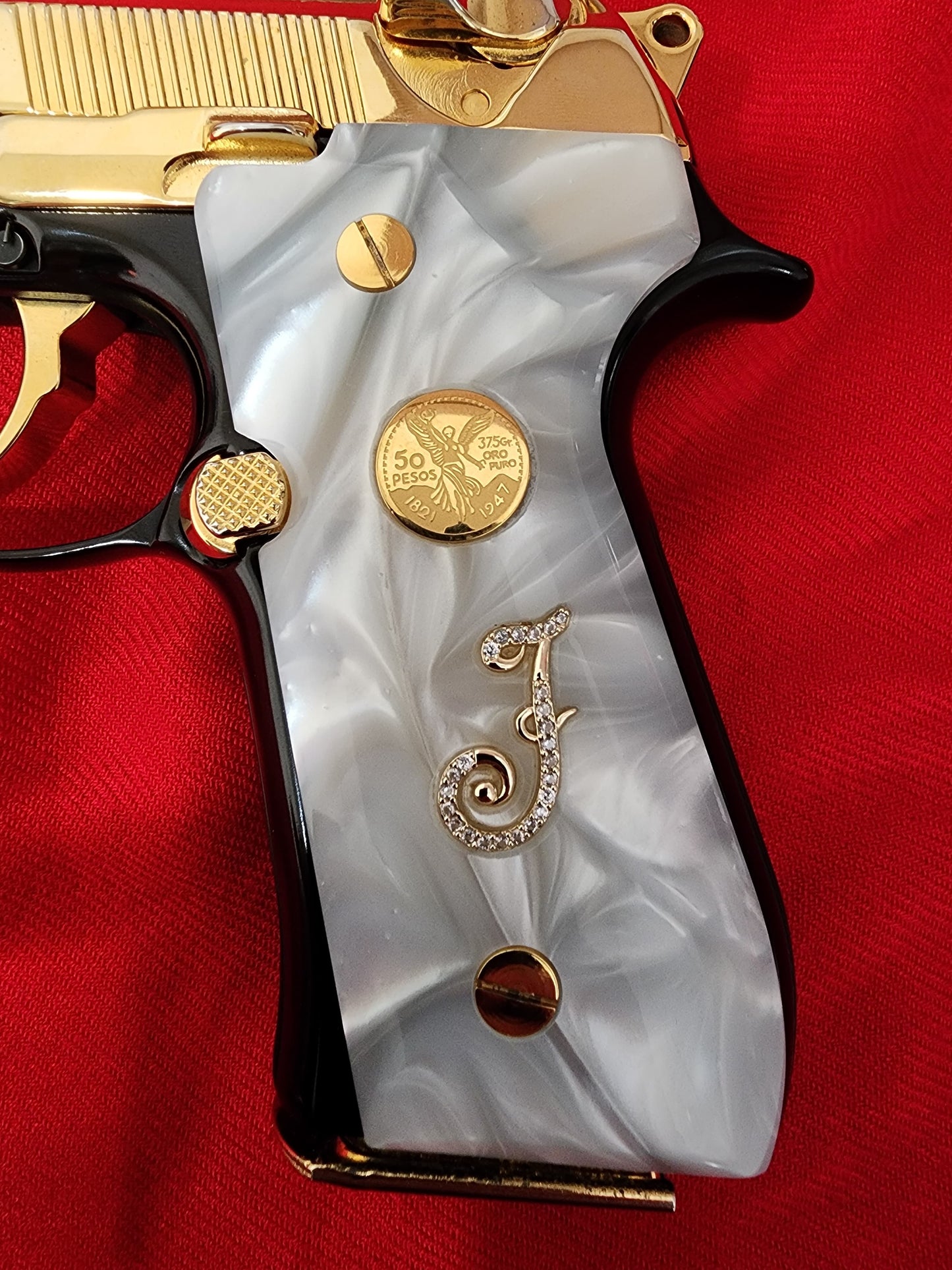 Beretta 92fs - “J” “V” with Mini gold-filled Centenario 24k Gold Plated Inlayed CZ stones - Pearlite Grips 96 Fs M9