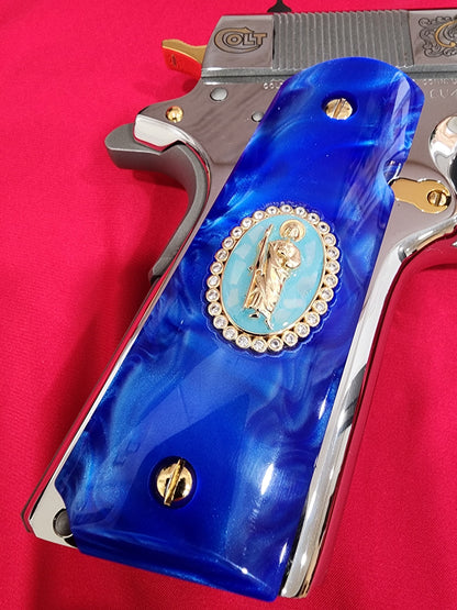1911 Royal Blue Swirl Pearlite Grip – San Judas Gold Oval Plated with CZ stones border – Government Model