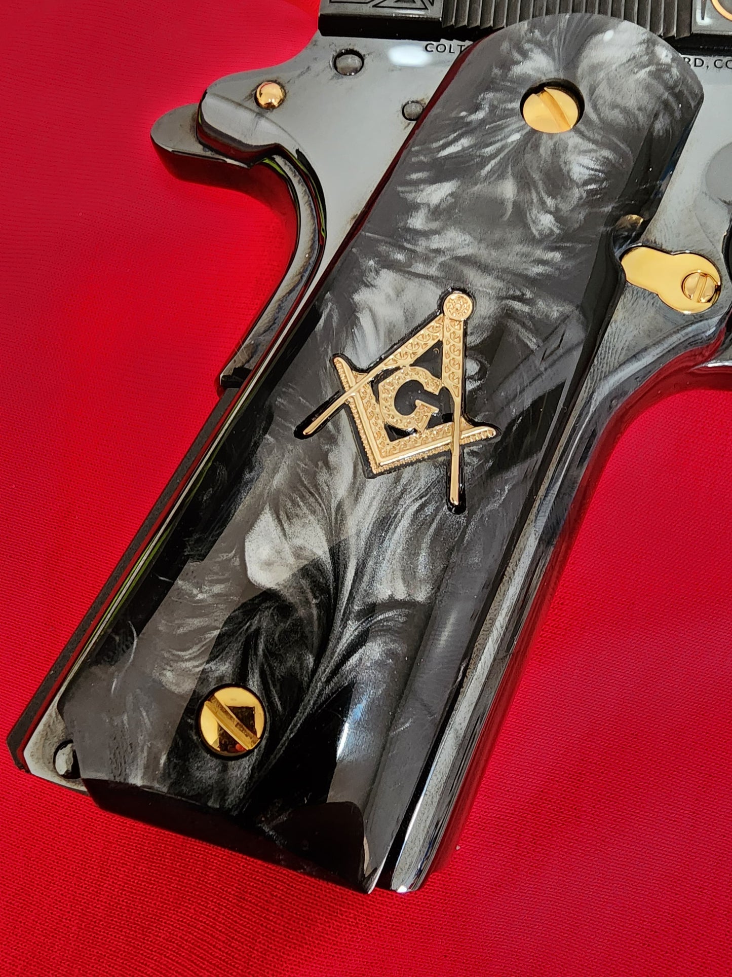Custom 1911 Black Pearl Grips w/ Gold Plated  Masonic Emblem & Screws