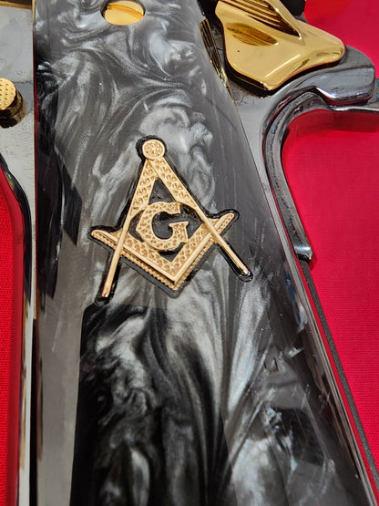 Custom 1911 Black Pearl Grips w/ Gold Plated  Masonic Emblem & Screws
