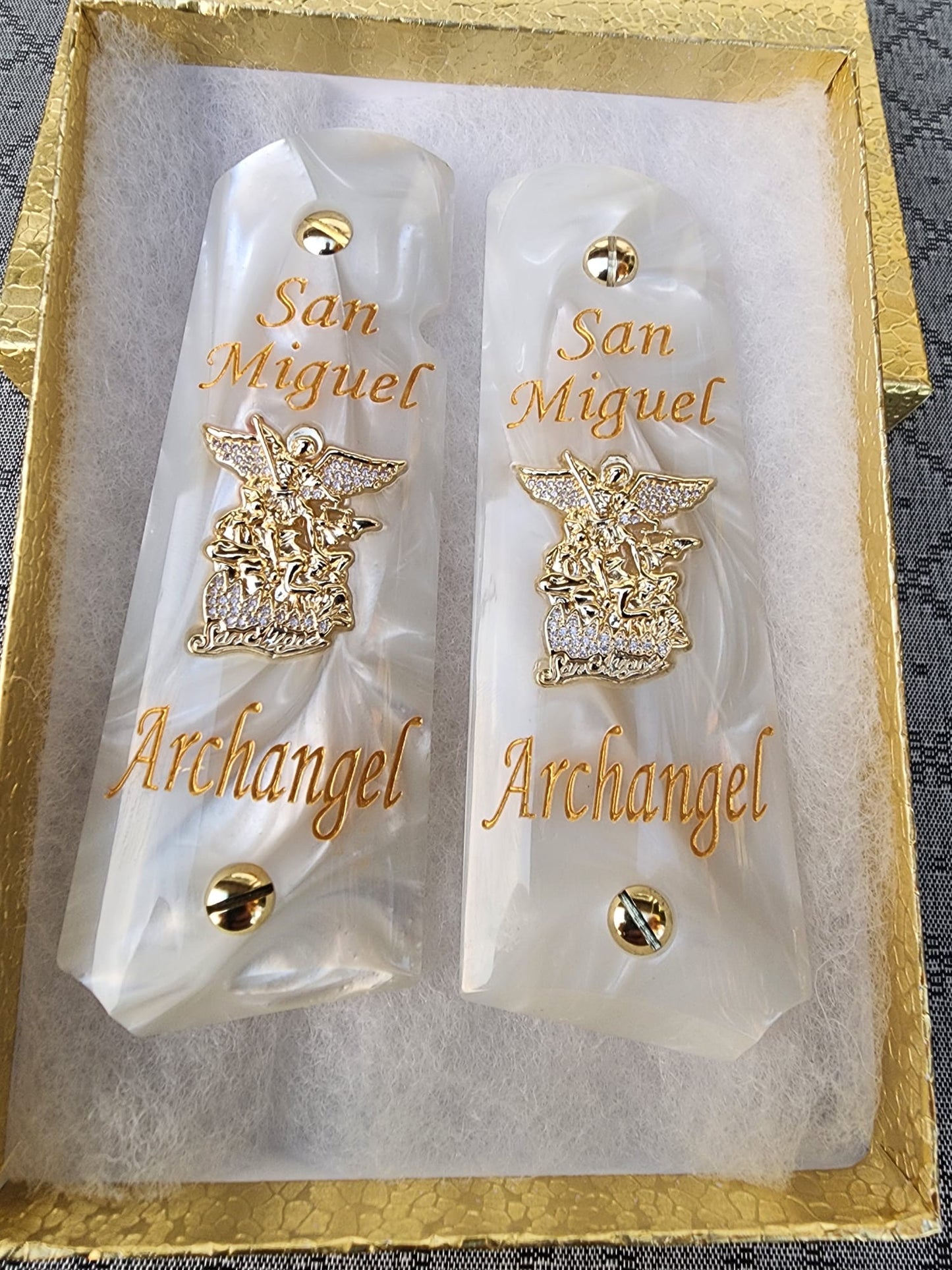 1911 White Pearlite Grip San Miguel Archangel Plated with CZ stones – Government Model Full Size