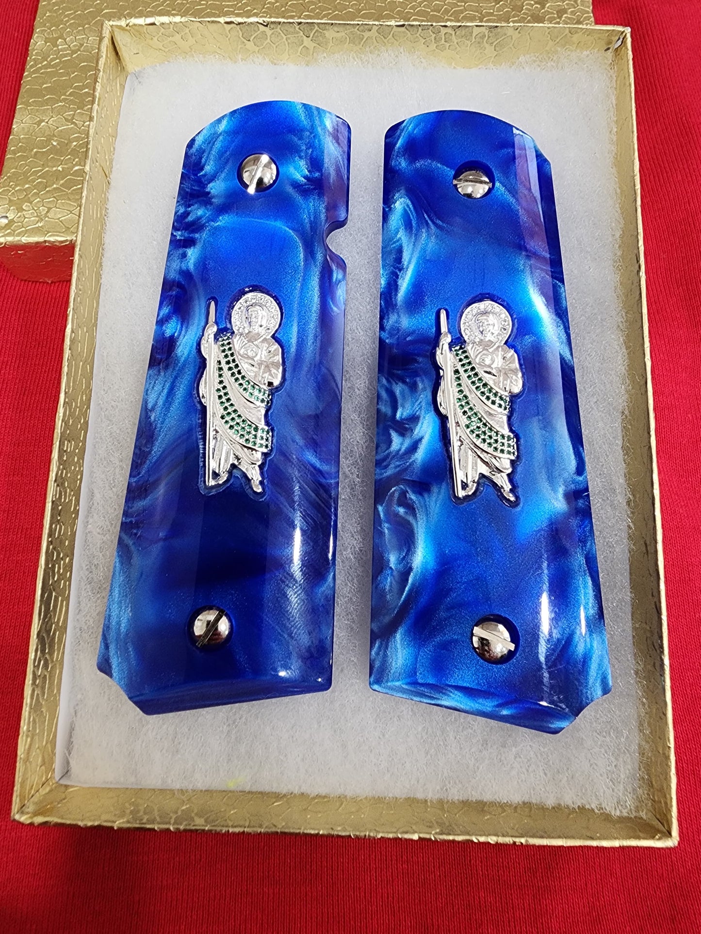 Custom Royal Blue Swirl 1911 Grips with San Judas inlay 24k Gold Plated with CZ stones – Pistol Grips, High Gloss Finish, Fits Full Size Government & Commander Models