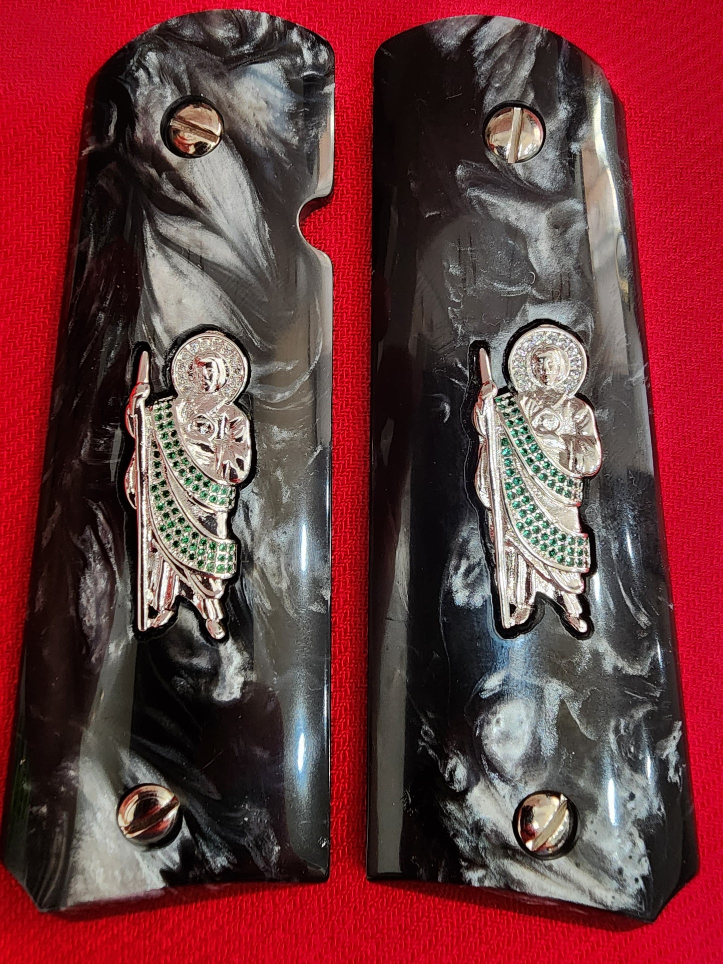 1911 Black Pearl Grips with Silver San Judas Nickel Plated Inlay