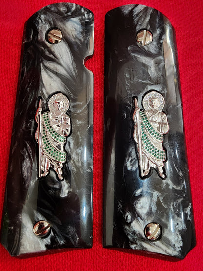 1911 Black Pearl Grips with Silver San Judas Nickel Plated Inlay