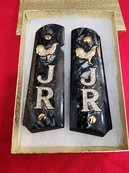 1911 White Pearlite Grips Gold plated “J” Rampant Horse “R” Inlays with 24K Gold Plated Screws