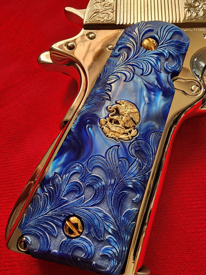 1911 Grips Engraved Royal Swirl Blue Pearl with Mexican Eagle (24k Gold Screws)