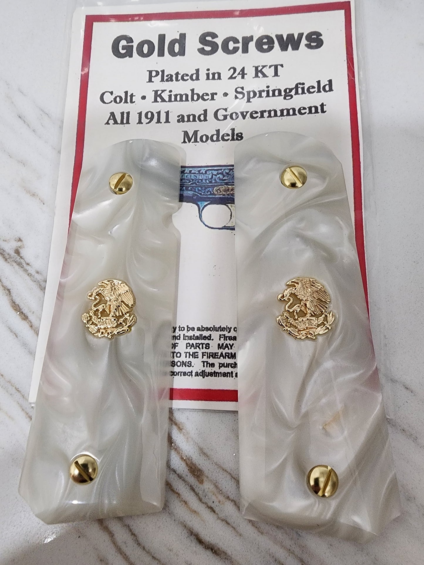 1911 Grips – White Pearl with 24k Gold Plated Mexican Eagle Emblems (24k Gold Screws)