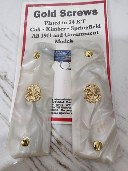 1911 Grips – White Pearl with 24k Gold Plated Mexican Eagle Emblems (24k Gold Screws)