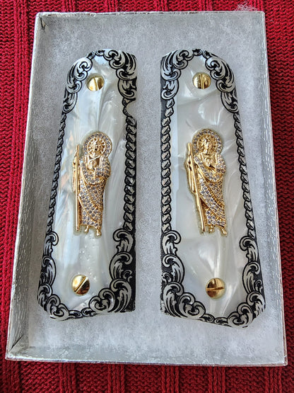 1911 White Pearlite Grips San Judas Scrolls Border cz stone inlay 24k Gold Plated 45 acp 38 Super