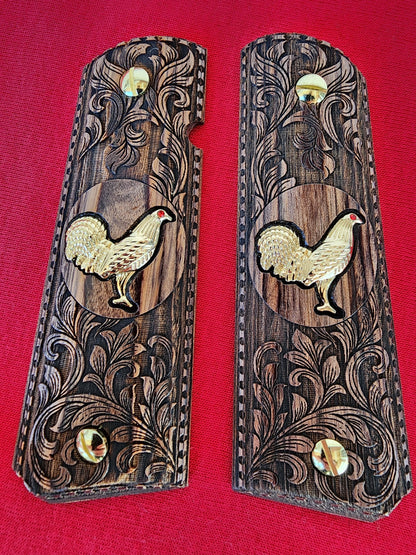 Custom 1911 Full Size Walnut Wood Grips – Scroll Engraving with Gold Plated 24k Rooster Inlay  – Government & Commander Compatible
