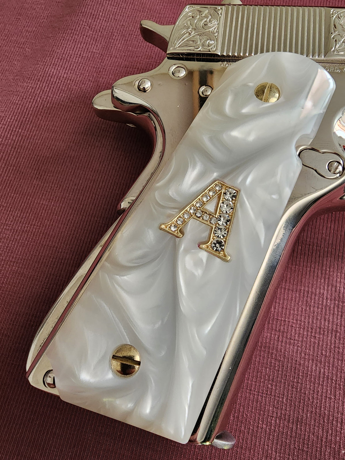 1911 White Pearlite Grips – 24k Gold plated “A” Emblem – Inlay