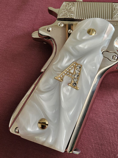 1911 White Pearlite Grips – 24k Gold plated “A” Emblem – Inlay