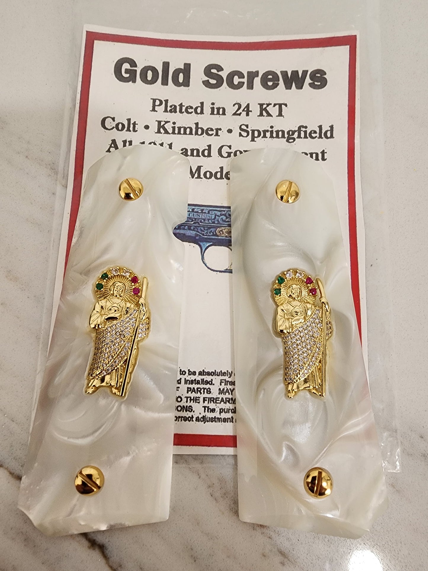 1911 San Judas Inlays with CZ Stones & 24K Gold Plated Screws l Pearlite Grips