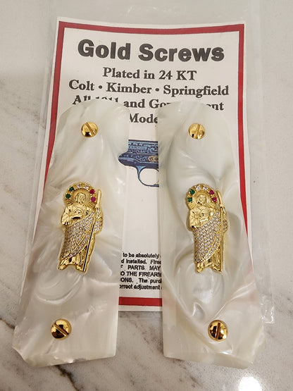 1911 San Judas Inlays with CZ Stones & 24K Gold Plated Screws l Pearlite Grips