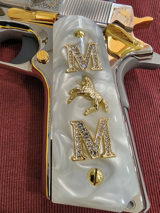 1911 White Pearlite Grips Gold plated “M” Rampant Horse “E” Inlays with 24K Gold Plated Screws
