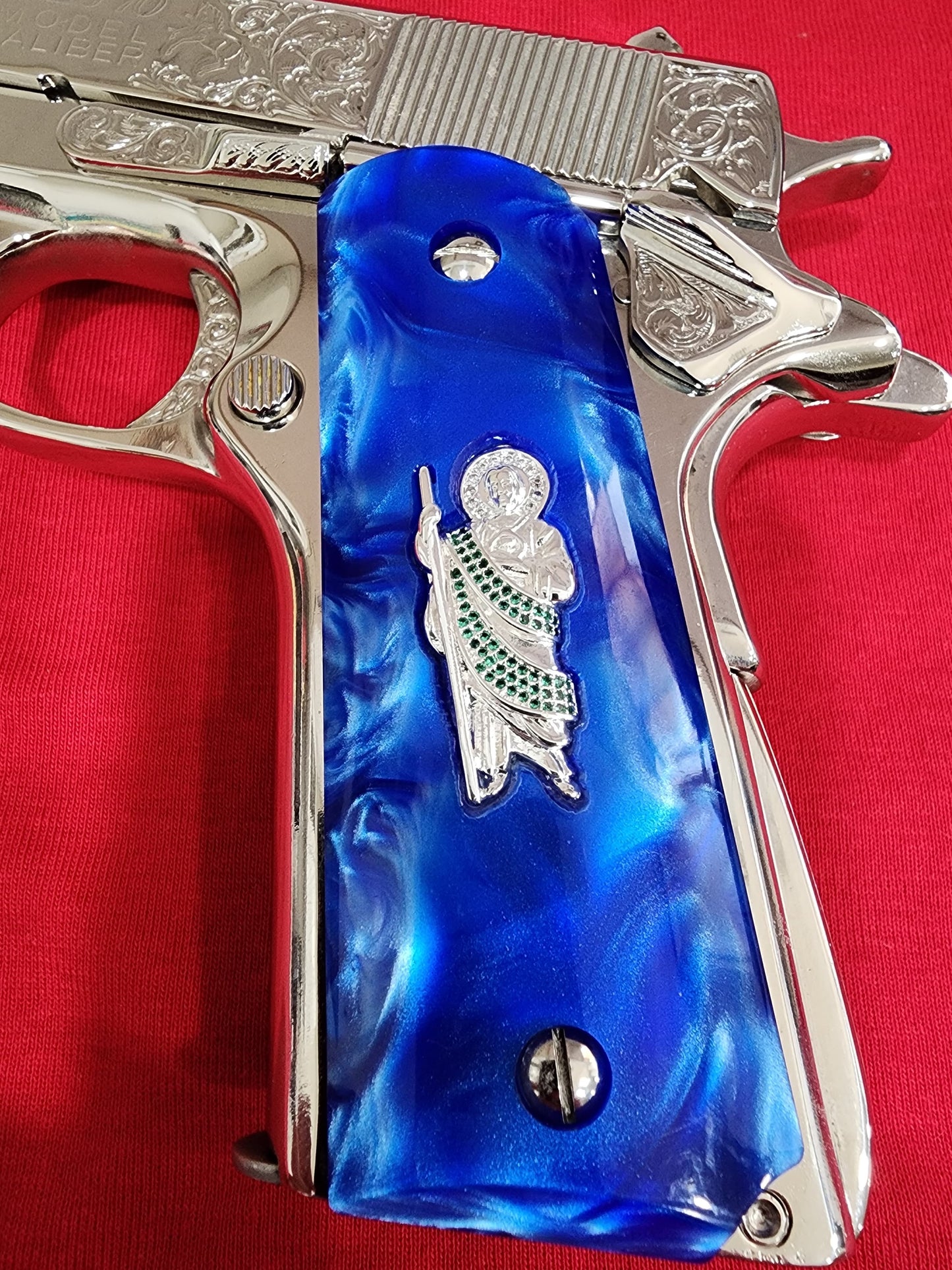 Custom Royal Blue Swirl 1911 Grips with San Judas inlay 24k Gold Plated with CZ stones – Pistol Grips, High Gloss Finish, Fits Full Size Government & Commander Models