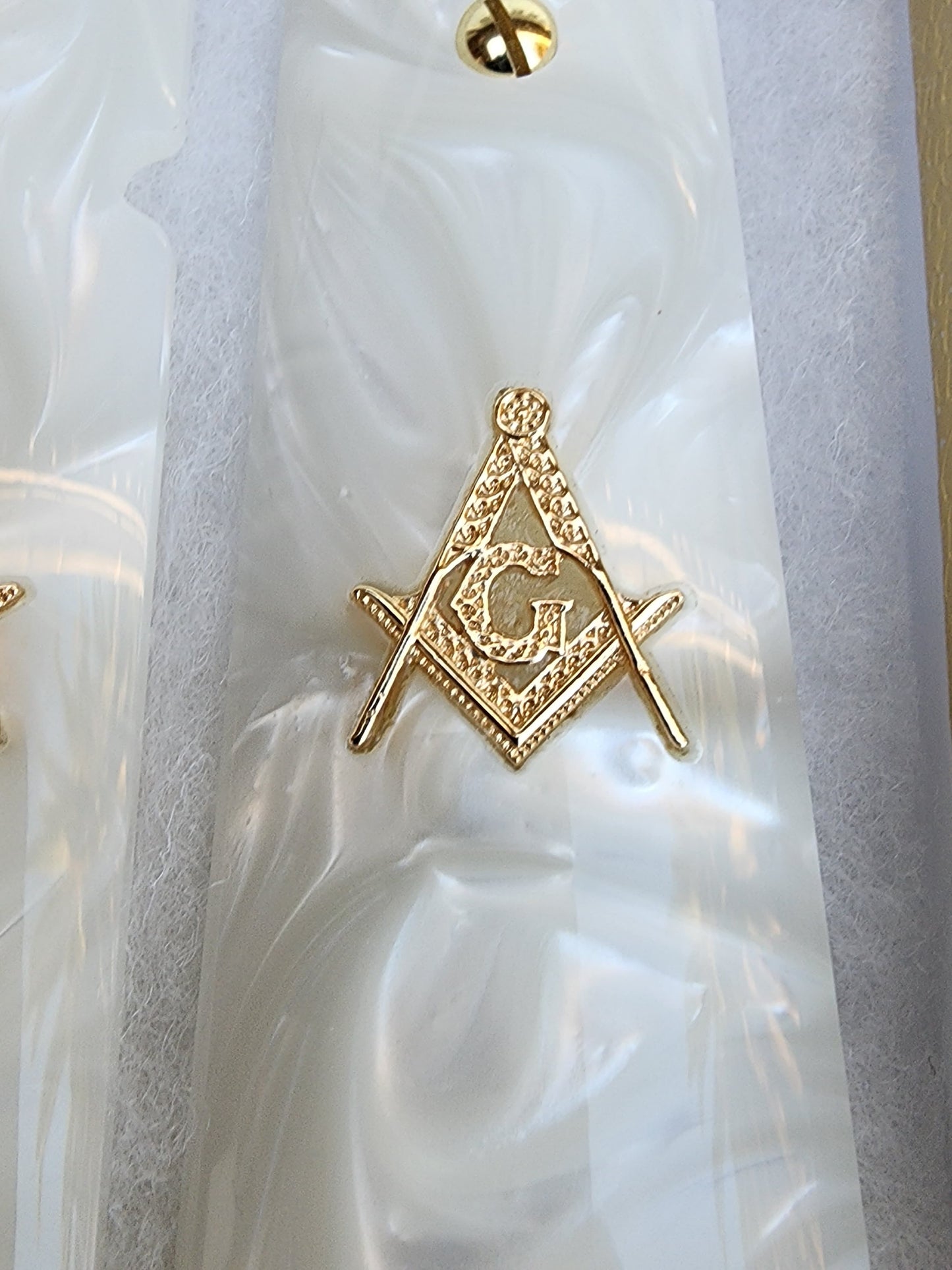 Custom 1911 White Pearl Grips w/ Gold Plated  Masonic Emblem & Screws