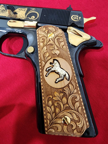 Custom Engraved Maple 1911 Wood Grips Rampant Horse With Gold Plated Screws