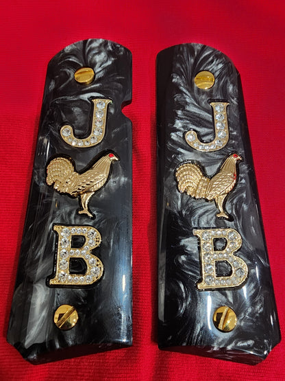 1911 Black  Pearlite Grips Gold plated “J” Rooster “B” Inlays with 24K Gold Plated Screws