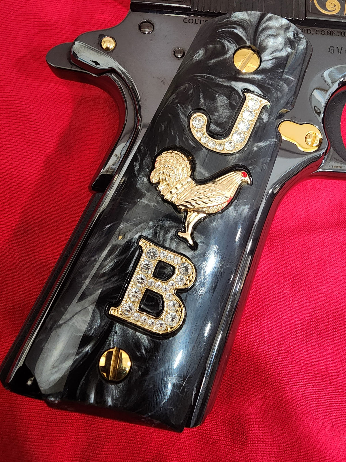 Rooster Inlay 1911 Black Pearlite Grips Gold plated “J” Rooster “B” Inlays with 24K ...