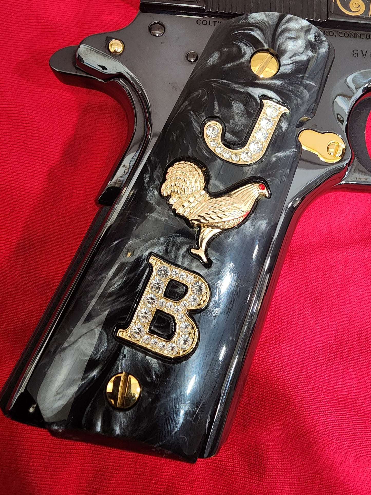 1911 Black  Pearlite Grips Gold plated “J” Rooster “B” Inlays with 24K Gold Plated Screws