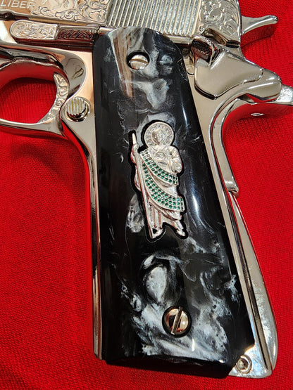 1911 Black Pearl Grips with Silver San Judas Nickel Plated Inlay