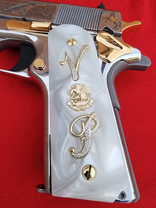 1911 White Pearl Grips Gold plated “V” Aguila “P” Inlays with Aguila Emblem & 24K Gold Plated Screws