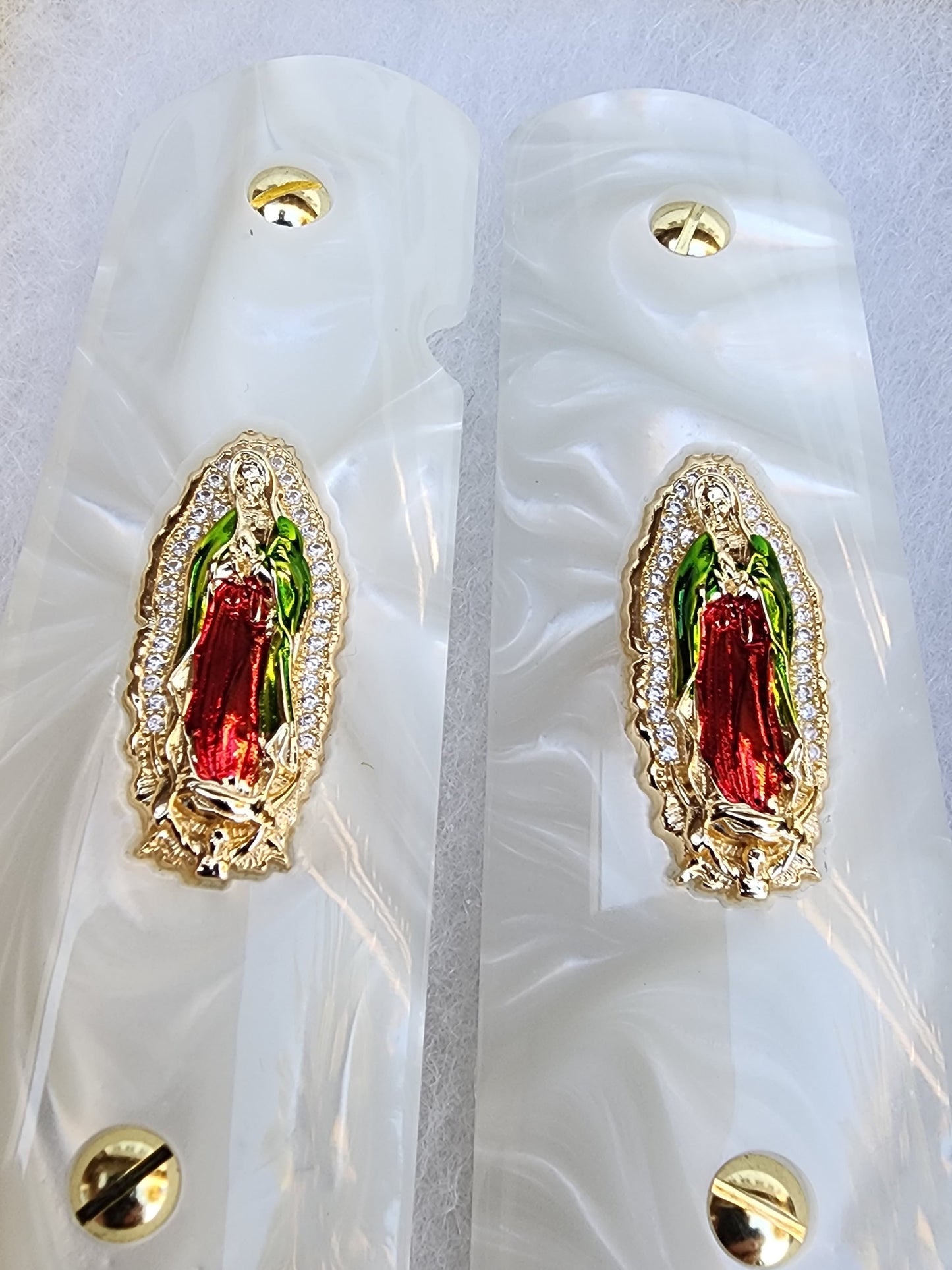 1911 Virgin De Guadalupe CZ-style crystal border 24k Gold Plated Inlayed Grips White Pearl Grips