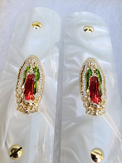 1911 Virgin De Guadalupe CZ-style crystal border 24k Gold Plated Inlayed Grips White Pearl Grips