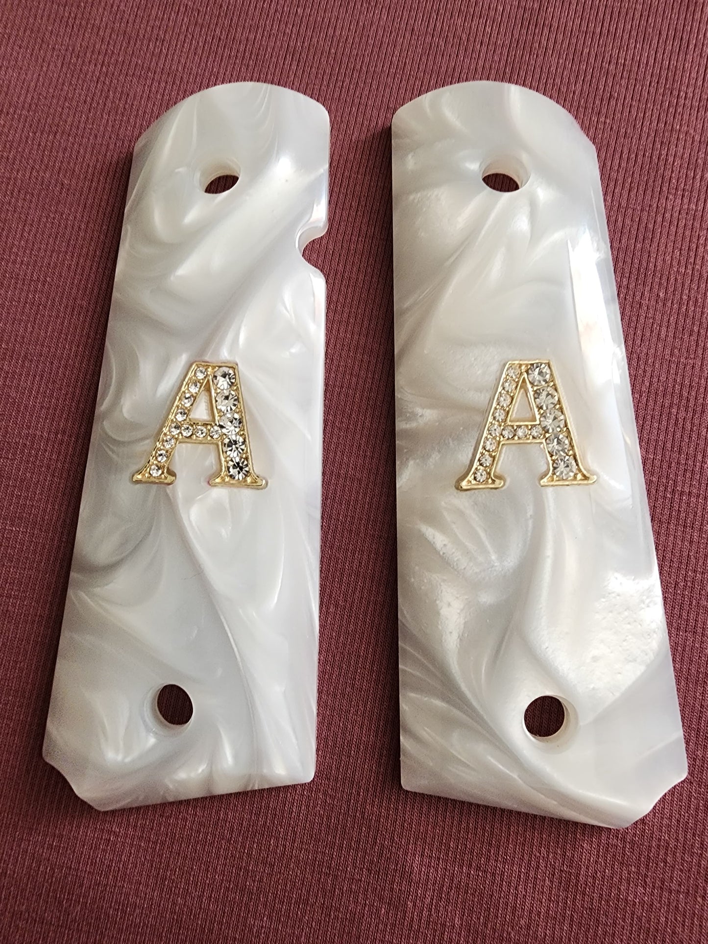 1911 White Pearlite Grips – 24k Gold plated “A” Emblem – Inlay