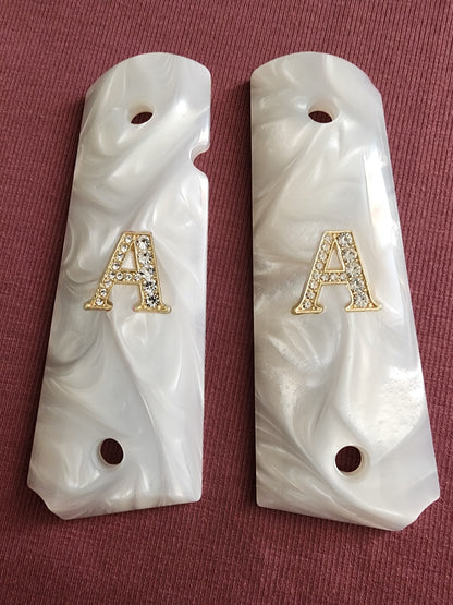 1911 White Pearlite Grips – 24k Gold plated “A” Emblem – Inlay