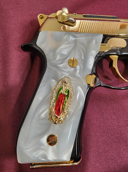 Beretta engraved Virgin De Guadalupe CZ-style crystal border 24k Gold Plated Inlayed Grips  White Pearl Grips 92 Fs 96 Fs M9