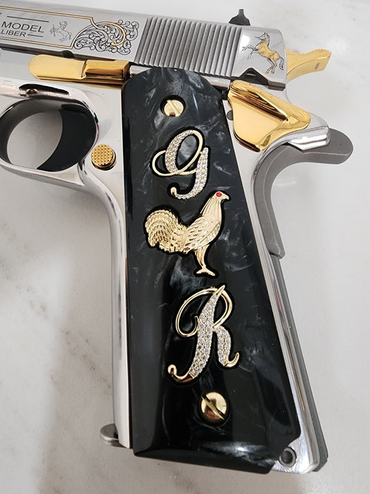 1911 "Rooster" “G” “R” 24k Gold Plated Inlayed CZ stones Grips  Black Pearl