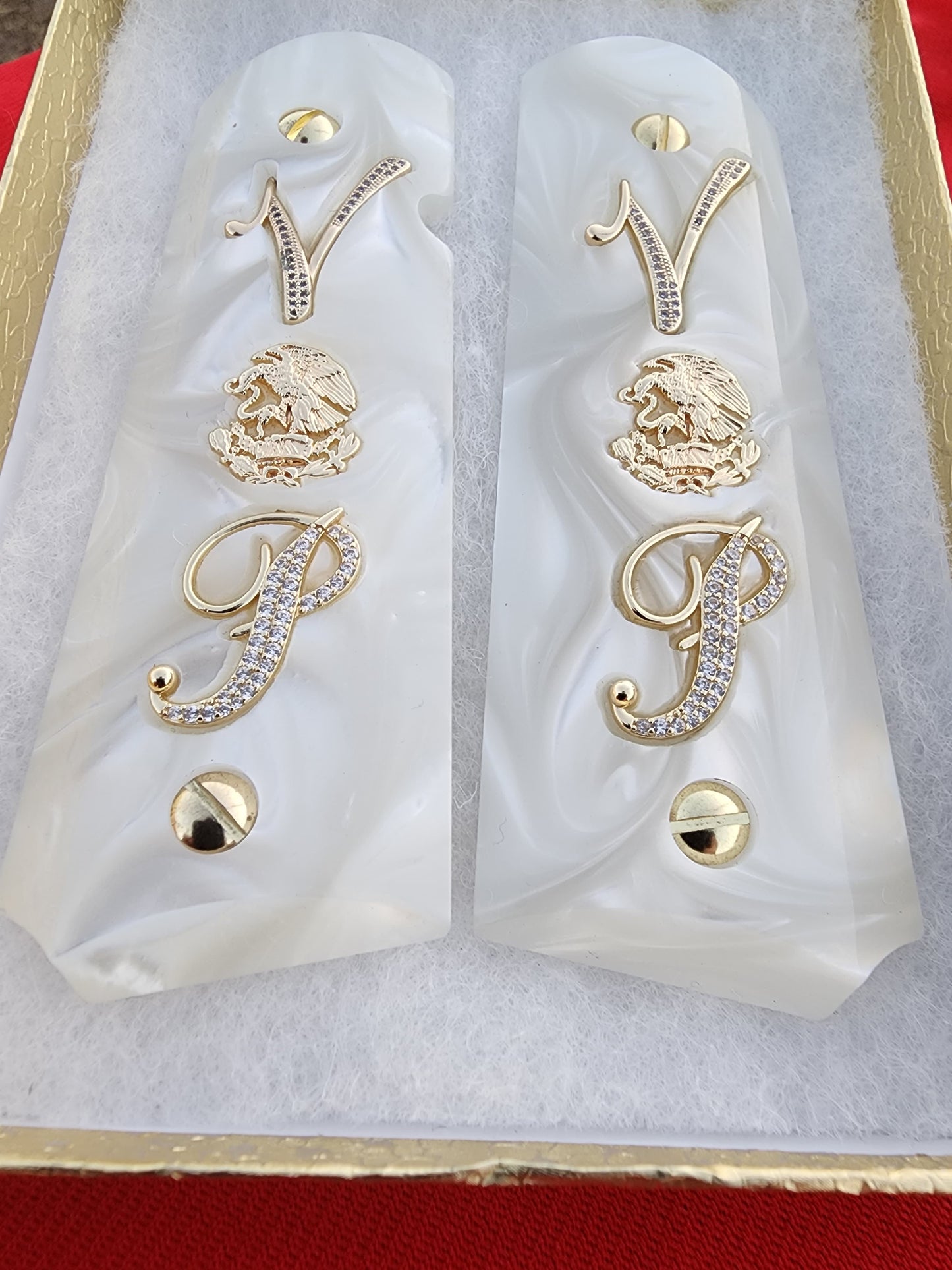 1911 White Pearl Grips Gold plated “V” Aguila “P” Inlays with Aguila Emblem & 24K Gold Plated Screws
