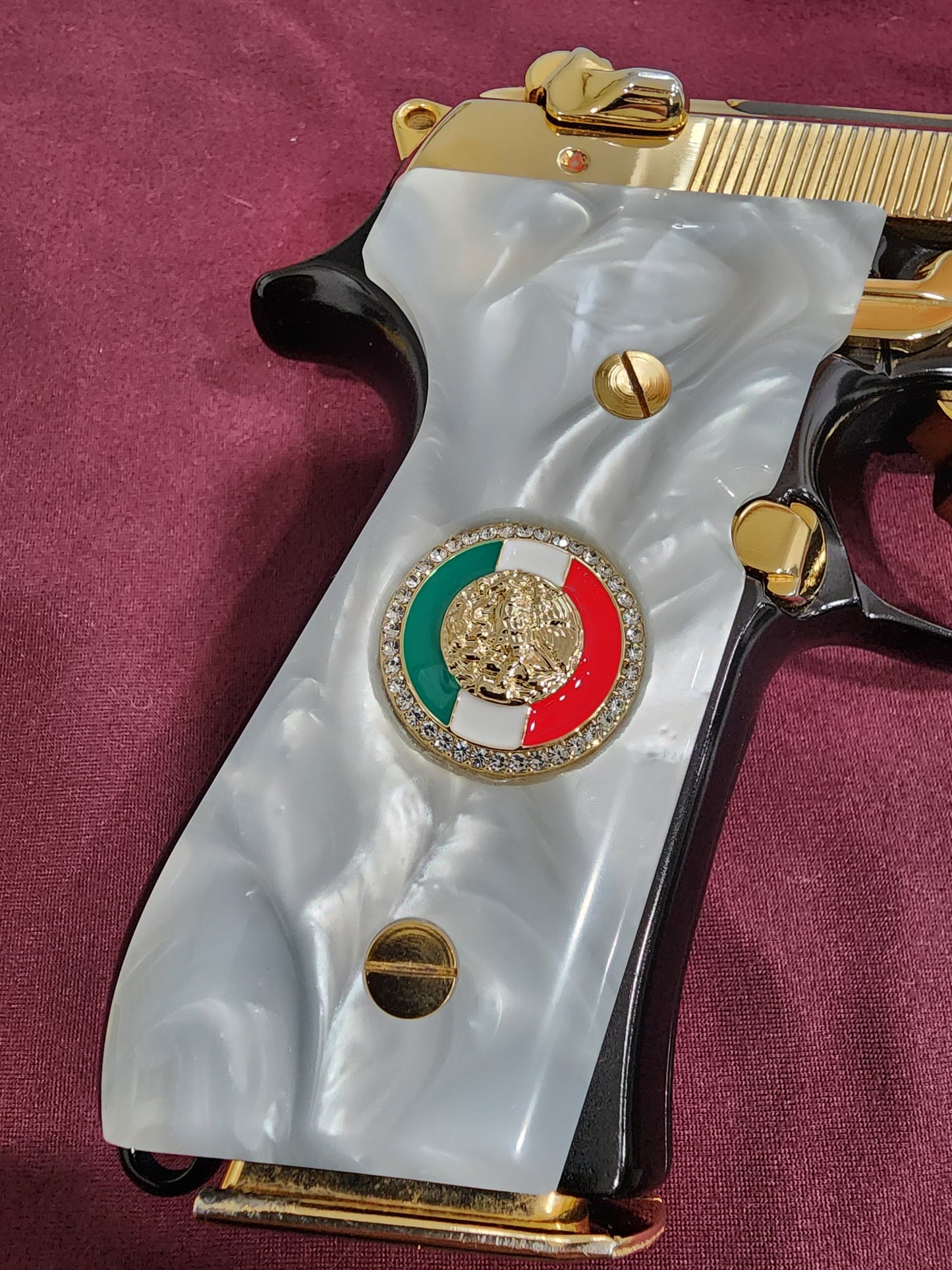 Beretta engraved Mexican Flag 24k Gold Plated Inlayed CZ stones Grips  White Pearl Grips 92 Fs 96 Fs M9