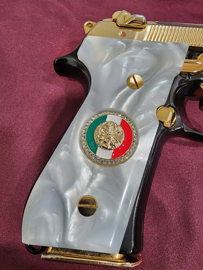 Beretta engraved Mexican Flag 24k Gold Plated Inlayed CZ stones Grips  White Pearl Grips 92 Fs 96 Fs M9
