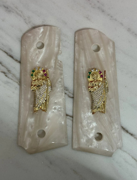 1911 Officer's Model San Judas 24k Plated Pearlite Custom Pistol Grips