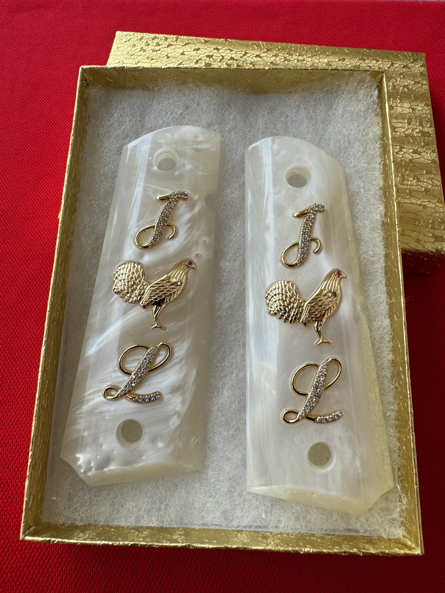 1911 "Rooster" “I”  “L” 24k Gold Plated Inlayed CZ stones Grips  White Pearl Grips