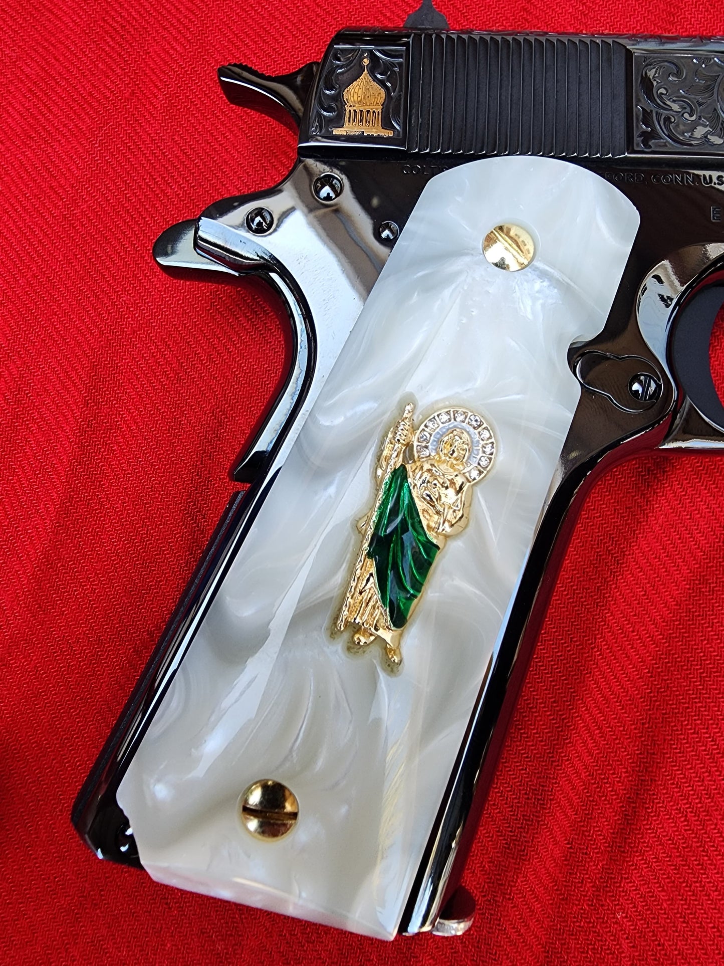 1911 Pearl Grips San Judas 24k Gold Plated 45 acp 38 Super