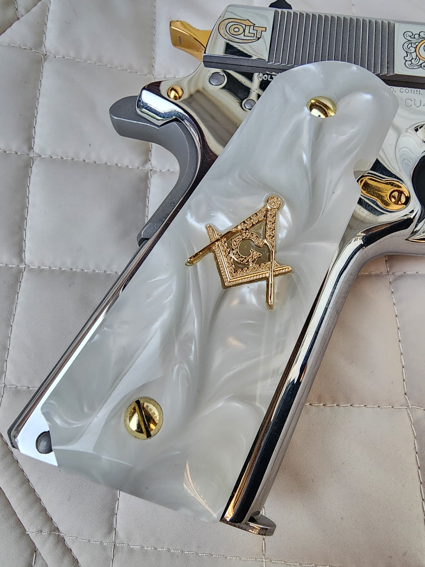 Custom 1911 White Pearl Grips w/ Gold Plated  Masonic Emblem & Screws