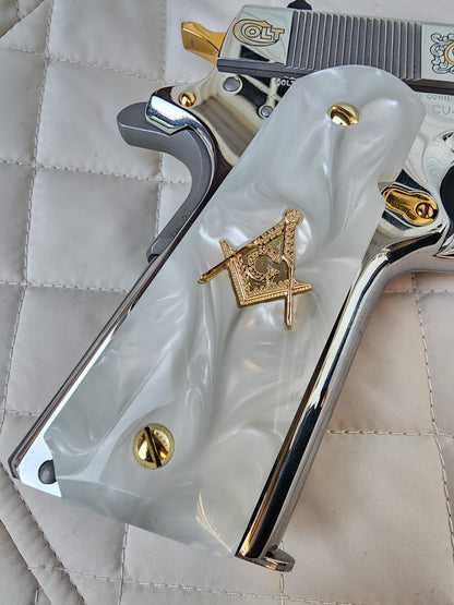Custom 1911 White Pearl Grips w/ Gold Plated  Masonic Emblem & Screws