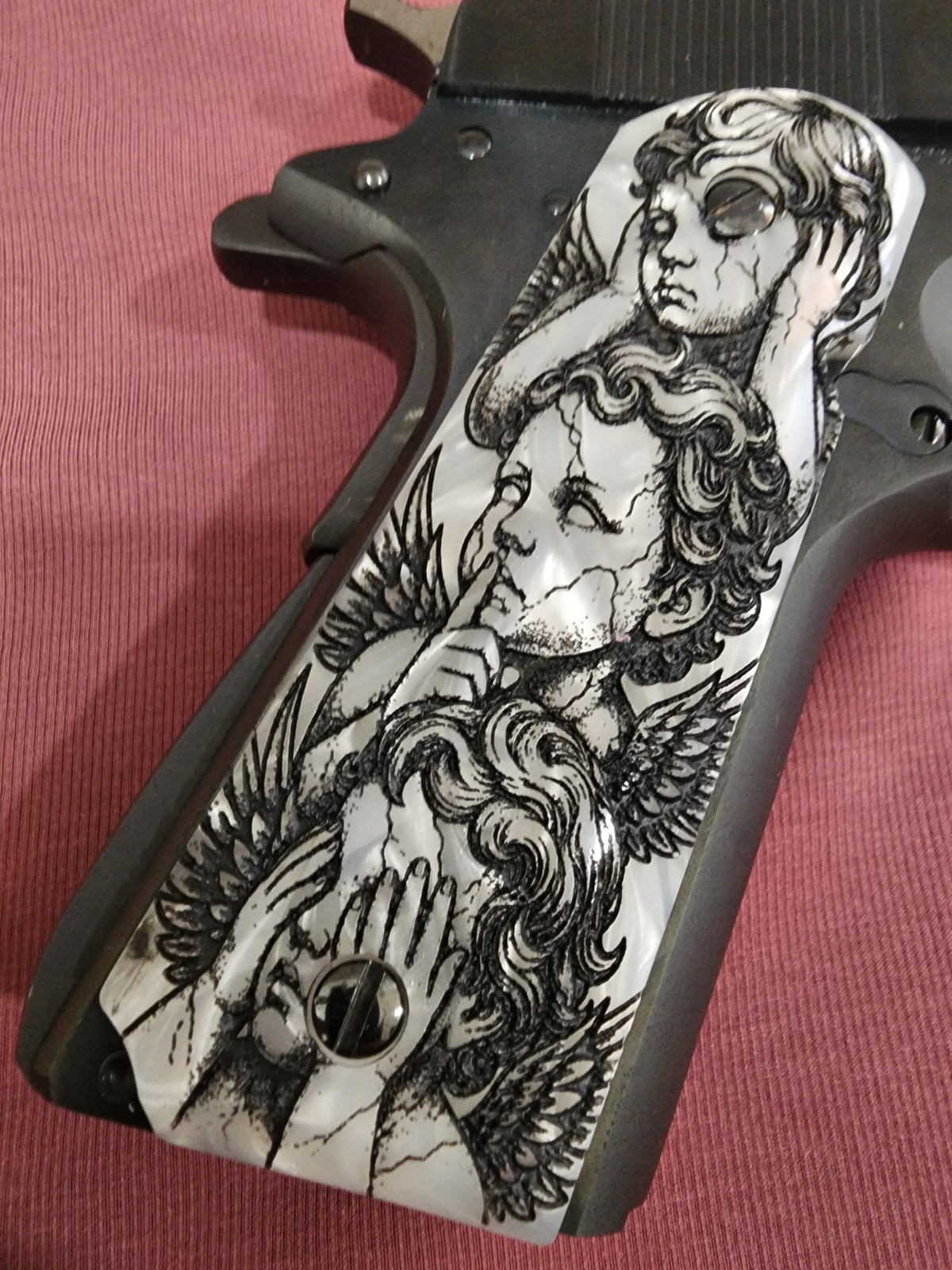 1911 White Pearlite “Hear No Evil, Speak No Evil, Say No Evil” Custom Grips 45 ACP / .38 Super