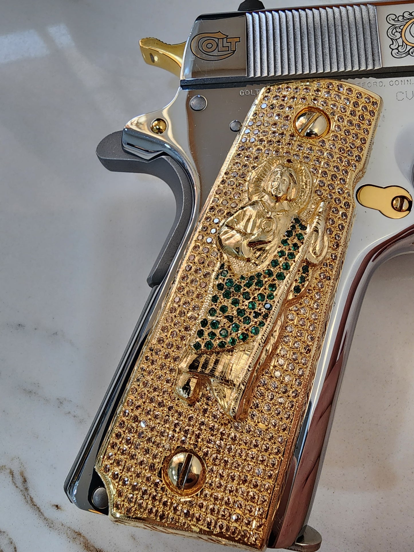 San Judas 1911 Pistol Grips –  Green CZ Stone Inlay – Full-Size 1911