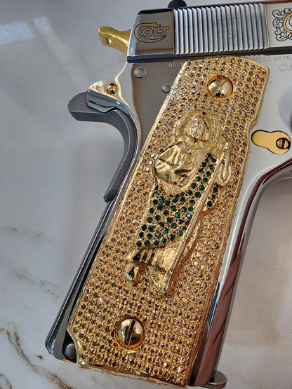 San Judas 1911 Pistol Grips –  Green CZ Stone Inlay – Full-Size 1911