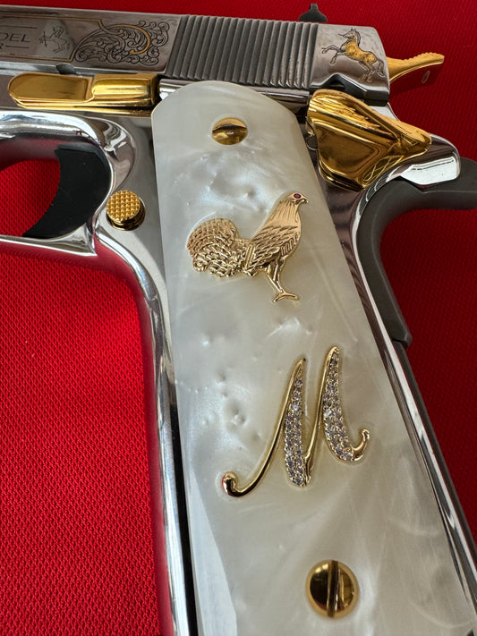 1911 Rooster “M” 24k Gold Plated Inlayed CZ stones Grips  White Pearl Grips