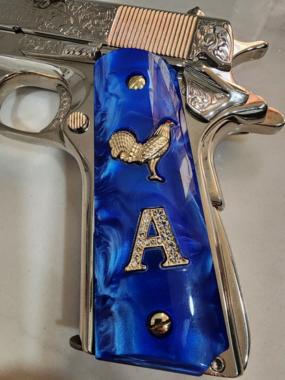 1911 Royal Blue Swirl Pearl Grips Horse  “A” Letter Inlay with CZ Stones 24K Gold Plated Horse