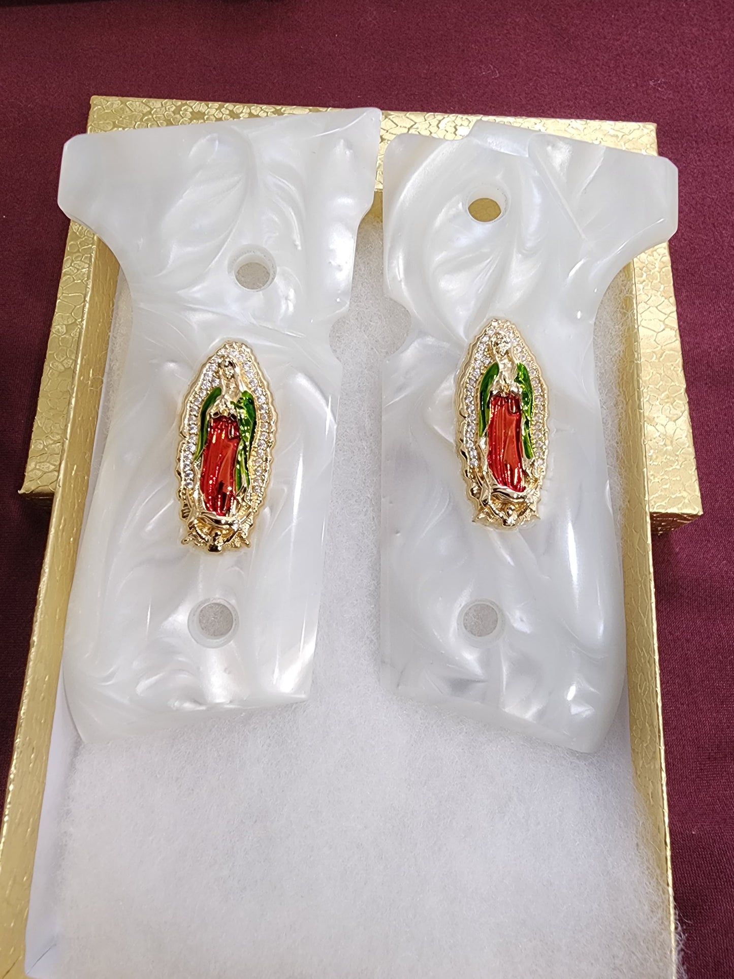 Beretta engraved Virgin De Guadalupe CZ-style crystal border 24k Gold Plated Inlayed Grips  White Pearl Grips 92 Fs 96 Fs M9