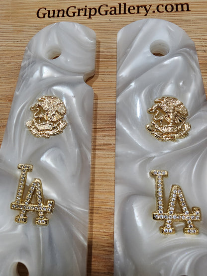 1911 Grips White Pearl with LA Emblem & Mexican Eagle (24k Gold Screws)