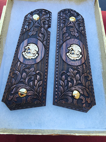 Custom Engraved 1911 Pistol Grips Mexican Eagle Medallion Walnut Wood Gold Plated Screws